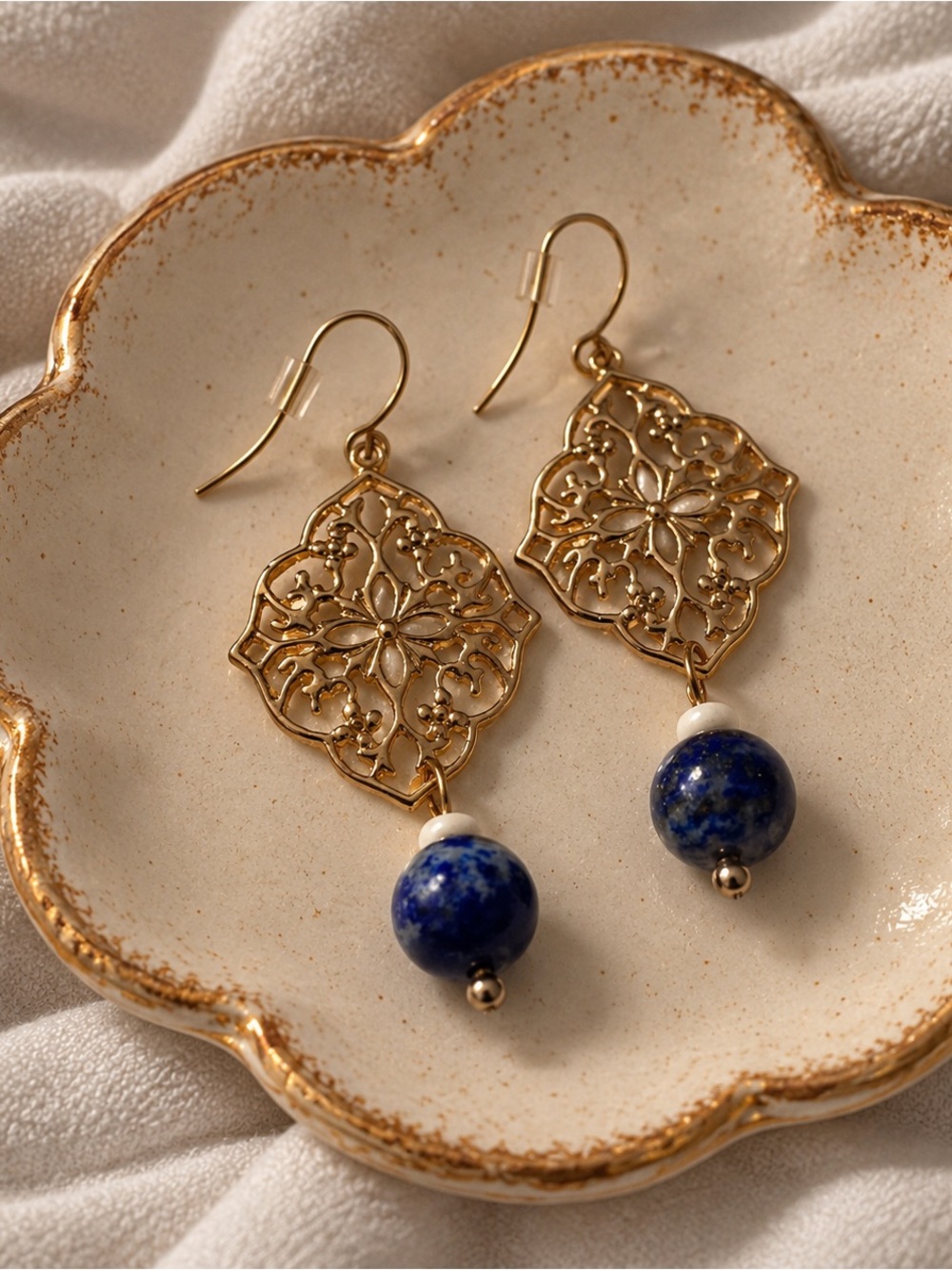 Gold Filigree Earrings with Blue Lapis Beads - Women Jewelry